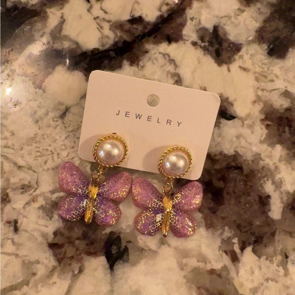 Gold and Pink Butterfly Earrings